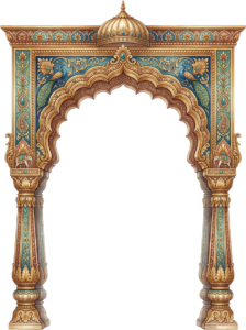 Ornate Rajasthani Palace Arch with Detailed Floral Borders and Peacock Illustration PNG