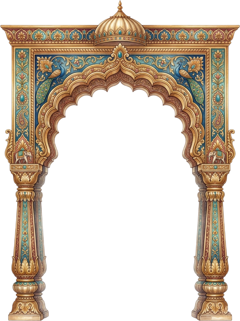 Ornate Rajasthani Palace Arch with Detailed Floral Borders and Peacock Illustration PNG 1 - Ornate Rajasthani Palace Arch with Detailed Floral Borders and Peacock Illustration PNG Free PNG Download