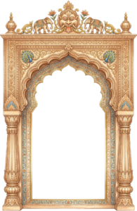 Ancient Mughal Architecture Palace Archway with Elephant and Peacock Motifs Illustration PNG