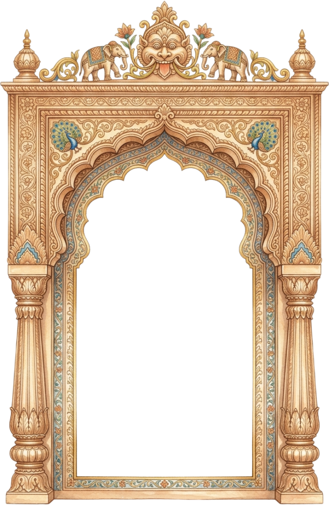 Ancient Mughal Architecture Palace Archway with Elephant and Peacock Motifs Illustration PNG 1 - Ancient Mughal Architecture Palace Archway with Elephant and Peacock Motifs Illustration PNG Free PNG Download