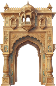 Grand Royal Palace Courtyard Entrance with Balcony and Ornamental Arch Illustration PNG