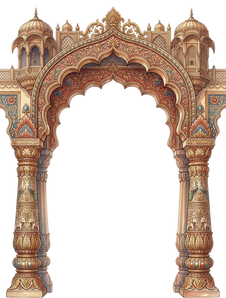 Imperial Indian Palace Entrance Arch with Twin Pillars and Royal Motifs Illustration PNG 1 - Imperial Indian Palace Entrance Arch with Twin Pillars and Royal Motifs Illustration PNG Free PNG Download