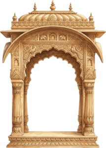 Majestic Grey Stone Royal Palace Arch with Red Paisley and Gold Detail Illustration PNG
