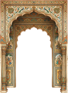 Traditional Rajasthani Jharokha Style Palace Arch with Indian Folk Art Illustration PNG