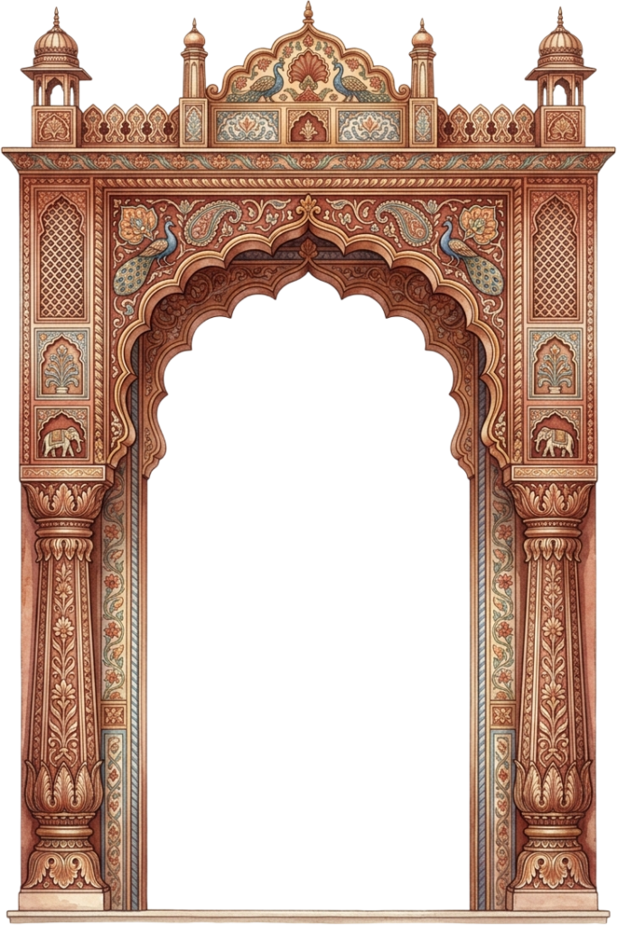 Regal Indian Palace Facade Entrance with Symmetrical Arches and Balconies Illustration PNG 1 - Regal Indian Palace Facade Entrance with Symmetrical Arches and Balconies Illustration PNG Free PNG Download