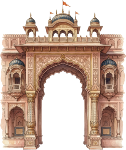 Majestic Red Terracotta Mughal Palace Entrance Arch Illustration with Floral Carvings PNG