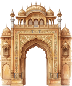 Regal Golden Palace Entrance Arch with Intricate Floral Patterns and Symmetrical Design PNG