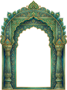 Majestic Peacock Feather Themed Palace Arch with Teal and Gold Filigree Illustration PNG