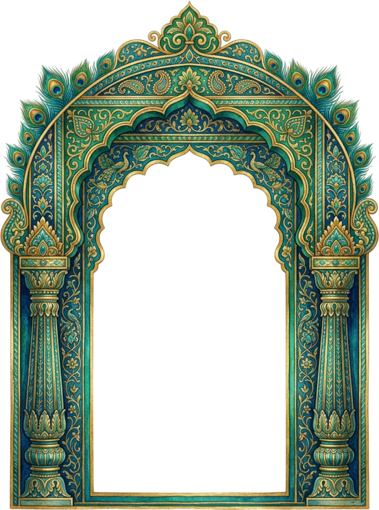 Majestic Peacock Feather Themed Palace Arch with Teal and Gold Filigree Illustration PNG 1 - Majestic Peacock Feather Themed Palace Arch with Teal and Gold Filigree Illustration PNG Free PNG Download