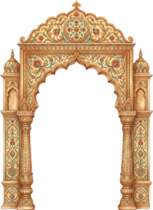 Vibrant Teal and Gold Ornamental Palace Arch with Royal Peacock Motifs Illustration PNG