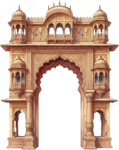 Grand Royal Palace Gateway with Ornate Stone Balconies and Triple Arched Facade PNG