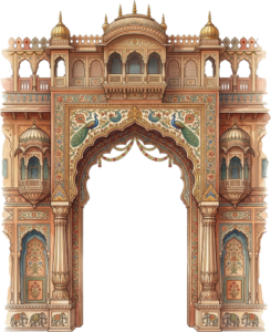 Majestic Sandstone Wedding Arch with Elephant and Peacock Architectural Carvings PNG