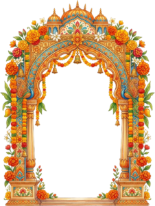 Vibrant Indian Wedding Mandap Arch with Marigold Garlands and Mango Leaf Decor PNG