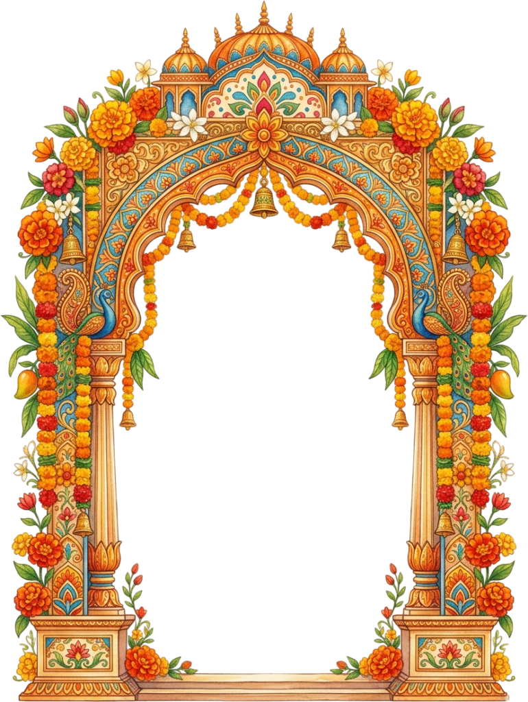- Vibrant Indian Wedding Mandap Arch with Marigold Garlands and Mango Leaf Decor PNG Free PNG Download