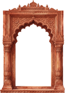 Majestic Terracotta Mughal Arch with Lotus Motifs and Symmetrical Stone Carvings PNG