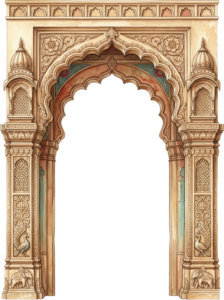 Ornate Traditional Indian Palace Arch with Peacock Feather Fan and Paisley Motifs PNG