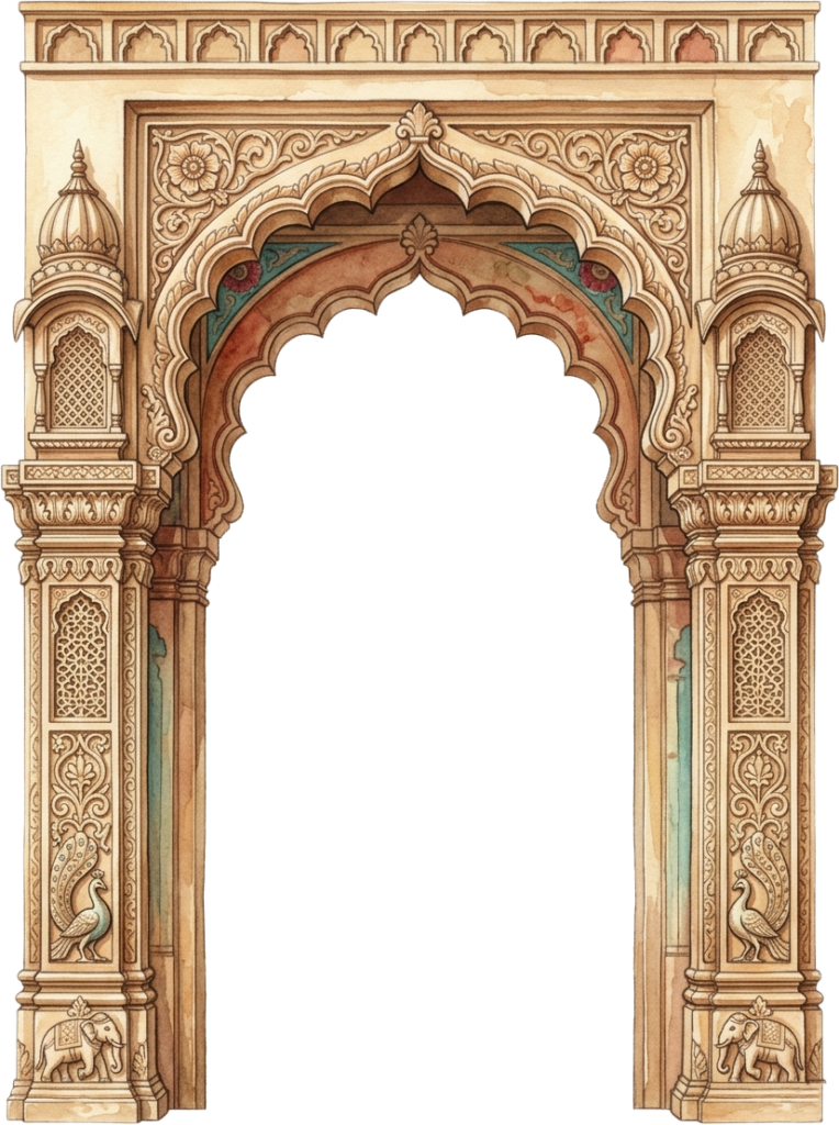 - Ornate Traditional Indian Palace Arch with Peacock Feather Fan and Paisley Motifs PNG Free PNG Download