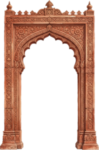 Elegant Rose Pink Palace Entrance with Traditional Gold Filigree and Floral Art PNG