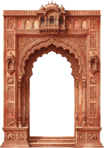 Majestic Terracotta Palace Facade Arch with Balcony and Elephant Relief Carvings PNG