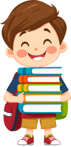 Cheerful elementary school boy enthusiastically carries a large stack of books, ideal PNG illustration for back-to-school season