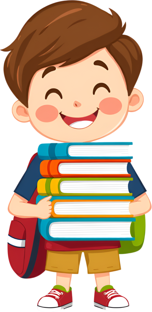 Cheerful elementary school boy enthusiastically carries a large stack of books, ideal PNG illustration for back-to-school season 1 - Cheerful elementary school boy enthusiastically carries a large stack of books, ideal PNG illustration for back-to-school season Free PNG Download