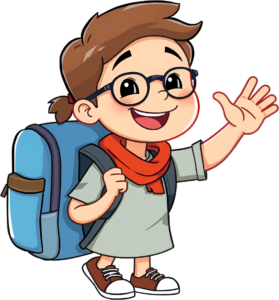 Observe this friendly school boy wearing glasses and a red scarf, happily waving with his blue backpack, an expressive PNG illustration