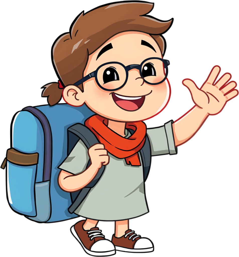 Observe this friendly school boy wearing glasses and a red scarf, happily waving with his blue backpack, an expressive PNG illustration 1 - Observe this friendly school boy wearing glasses and a red scarf, happily waving with his blue backpack, an expressive PNG illustration Free PNG Download