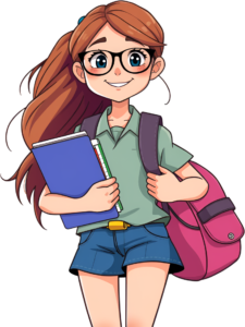 Featuring a vibrant school girl with long hair and stylish glasses, carrying a pink backpack and books, a charming PNG illustration