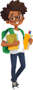 Showcase this brilliant African American school boy, complete with glasses, a green backpack, holding books and pens, a diverse PNG illustration