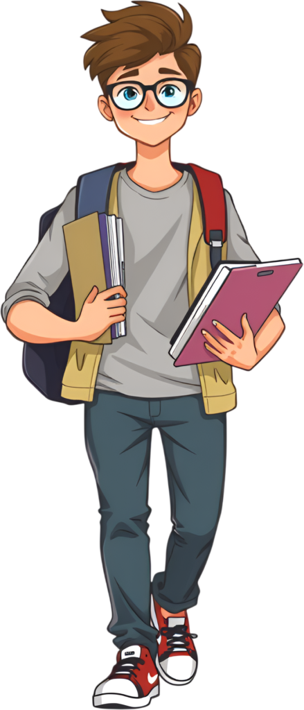 - Behold a modern teenage school boy walking purposefully with his glasses, backpack, and books, a dynamic PNG illustration Free PNG Download