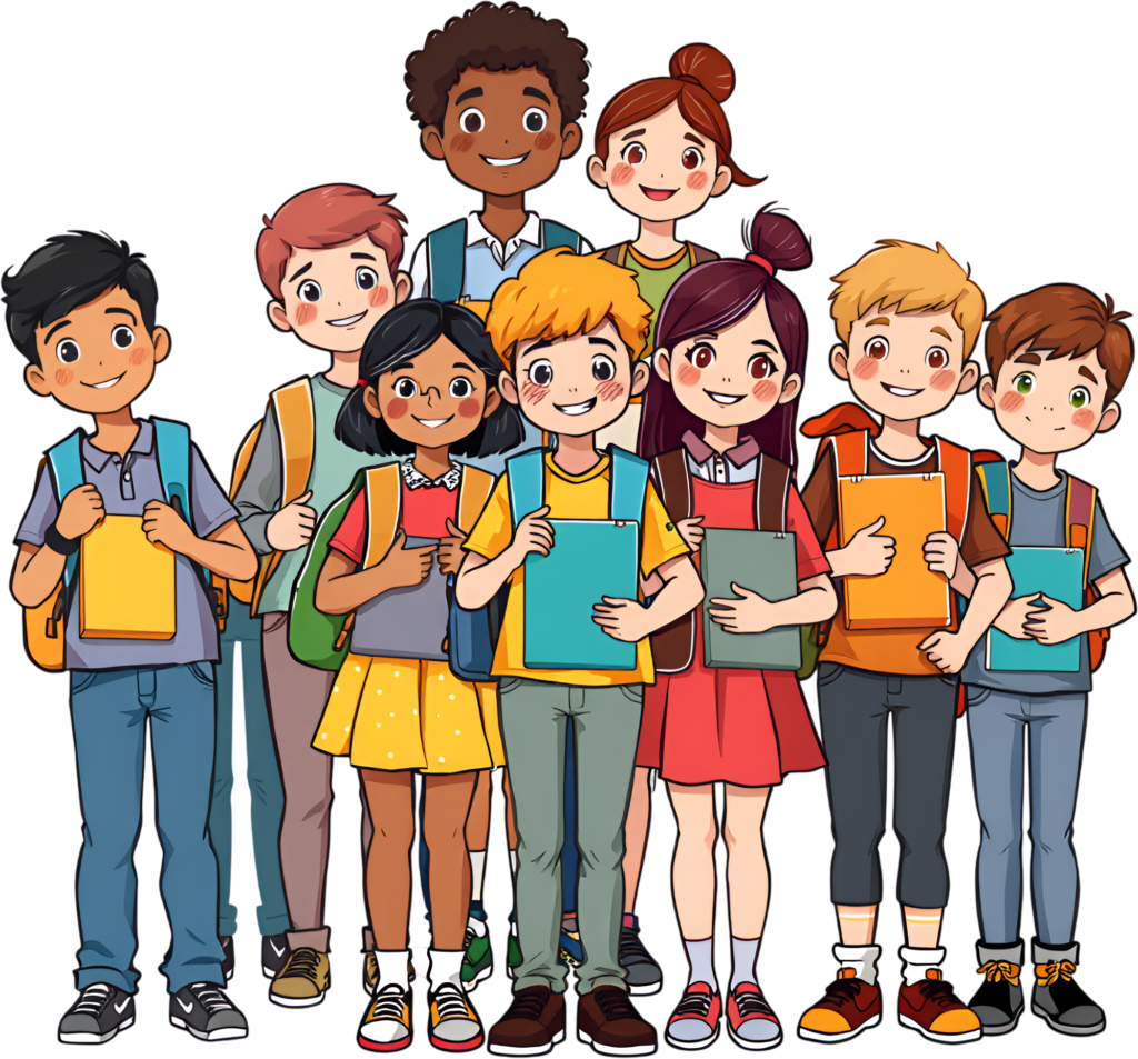 Elevate your design with this diverse group of happy school children, students with backpacks and books, a vibrant PNG illustration 1 - Elevate your design with this diverse group of happy school children, students with backpacks and books, a vibrant PNG illustration Free PNG Download