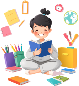 Craft engaging content with this happy student child reading a book, cross-legged and surrounded by school supplies, a charming PNG illustration