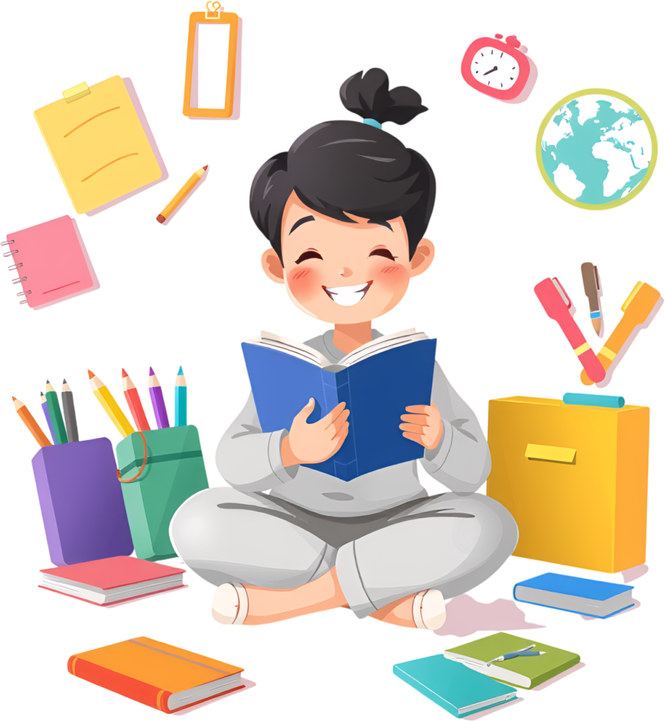 Craft engaging content with this happy student child reading a book, cross-legged and surrounded by school supplies, a charming PNG illustration 1 - Craft engaging content with this happy student child reading a book, cross-legged and surrounded by school supplies, a charming PNG illustration Free PNG Download