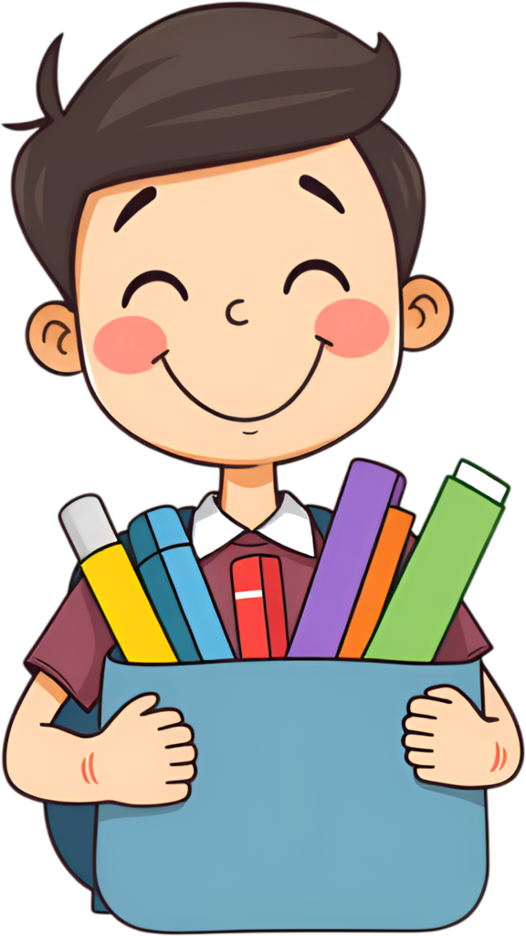 Generate excitement with this cheerful school boy proudly holding a box full of school supplies and books, an organized PNG illustration 1 - Generate excitement with this cheerful school boy proudly holding a box full of school supplies and books, an organized PNG illustration Free PNG Download
