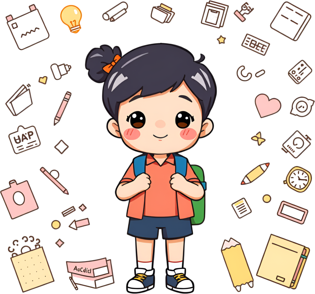 - Access this adorable chibi school girl character, standing amidst various education and learning icons, a comprehensive PNG illustration Free PNG Download