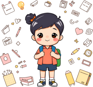 Access this adorable chibi school girl character, standing amidst various education and learning icons, a comprehensive PNG illustration