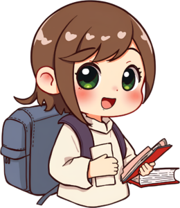 Capture attention with this sparkling-eyed chibi school girl, featuring a backpack and books, a captivating PNG illustration for learners