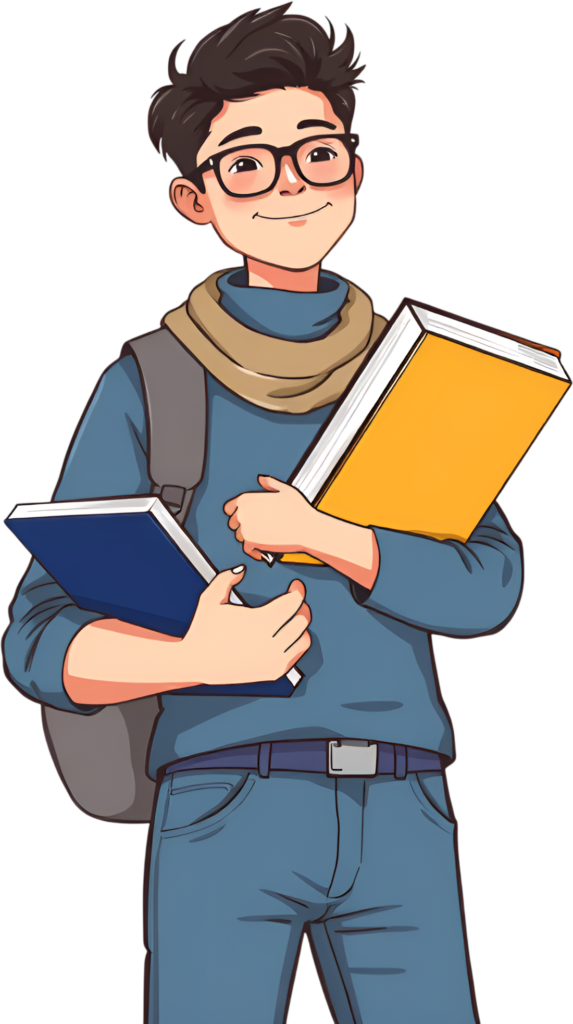 Introduce a fashionable young student man, wearing glasses, a scarf, a backpack, and carrying books, a sophisticated PNG illustration 1 - Introduce a fashionable young student man, wearing glasses, a scarf, a backpack, and carrying books, a sophisticated PNG illustration Free PNG Download