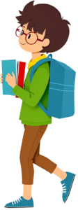 Witness the dynamic school boy in glasses, a green jacket, and a blue backpack, holding books while walking, an active PNG illustration