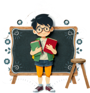 Empower your visuals with this clever school boy standing confidently with books, glasses, backpack, and a chalkboard background, a bright PNG illustration