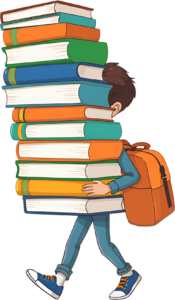 Portray humor with this overwhelmed school boy struggling to carry a huge stack of books, complete with his backpack, a relatable PNG illustration