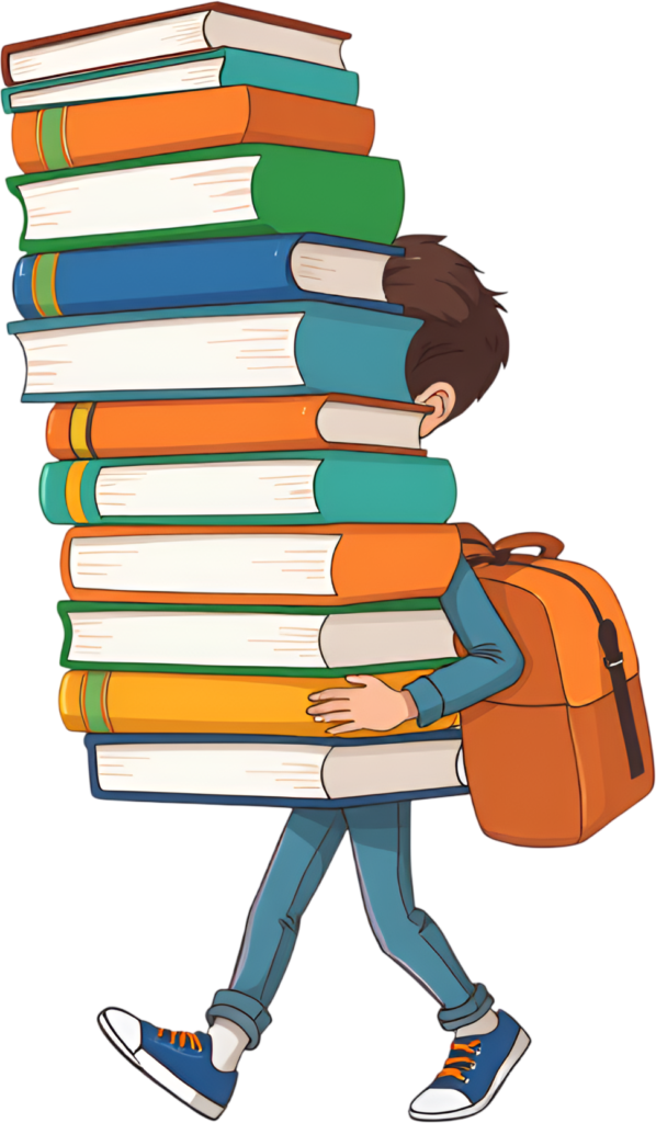 - Portray humor with this overwhelmed school boy struggling to carry a huge stack of books, complete with his backpack, a relatable PNG illustration Free PNG Download