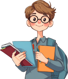 Enliven projects with this cheerful school boy, glasses, backpack, holding multiple books and a pen, a diligent PNG illustration for study