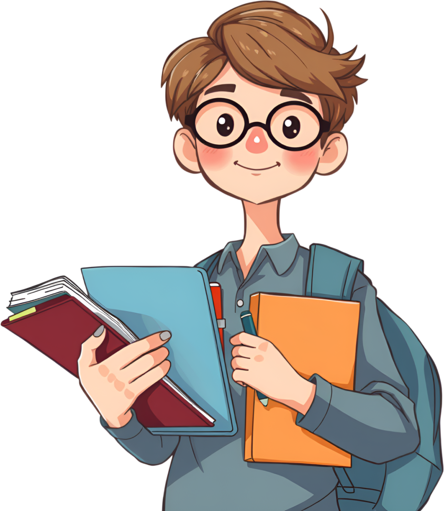 - Enliven projects with this cheerful school boy, glasses, backpack, holding multiple books and a pen, a diligent PNG illustration for study Free PNG Download