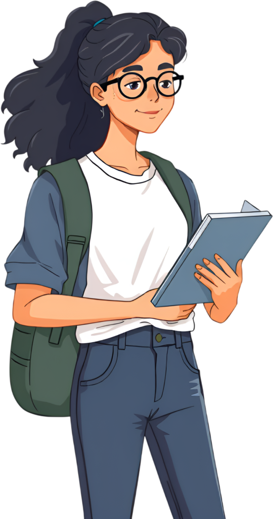 Highlight confidence with this smart young student woman, dark curly hair, glasses, green backpack, holding a book, a modern PNG illustration 1 - Highlight confidence with this smart young student woman, dark curly hair, glasses, green backpack, holding a book, a modern PNG illustration Free PNG Download