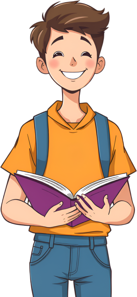 Visualize enthusiasm with this happy school boy reading an open purple book, featuring a blue backpack, an engaging PNG illustration 1 - Visualize enthusiasm with this happy school boy reading an open purple book, featuring a blue backpack, an engaging PNG illustration Free PNG Download