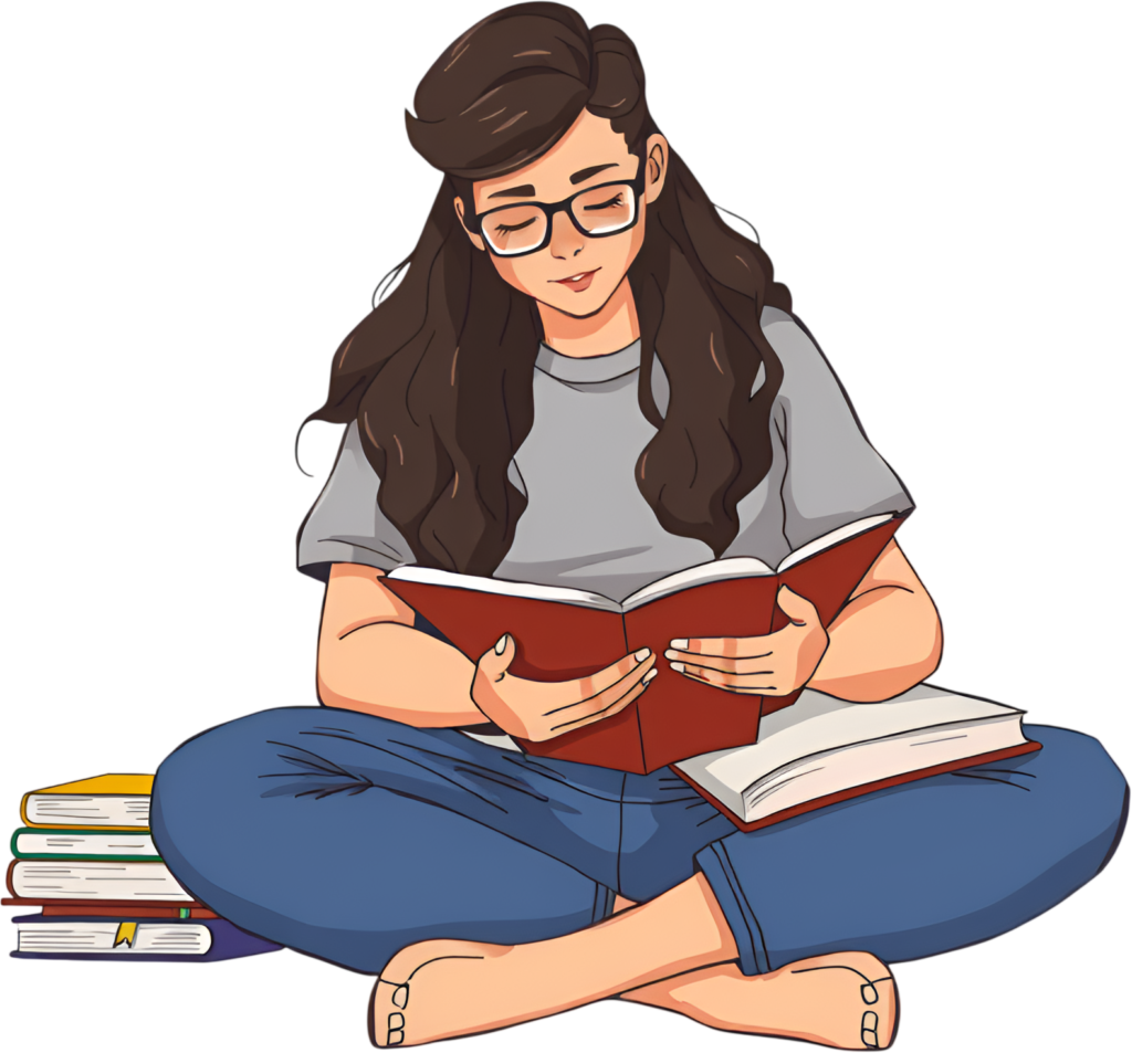 Find focus in this diligent young woman reading a red book, wearing glasses, sitting cross-legged beside a book stack, a serene PNG illustration 1 - Find focus in this diligent young woman reading a red book, wearing glasses, sitting cross-legged beside a book stack, a serene PNG illustration Free PNG Download