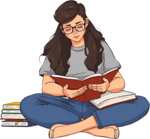 Find focus in this diligent young woman reading a red book, wearing glasses, sitting cross-legged beside a book stack, a serene PNG illustration