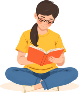 Cultivate calm with this focused young woman reading an orange book, glasses, ponytail, sitting cross-legged, a peaceful PNG illustration