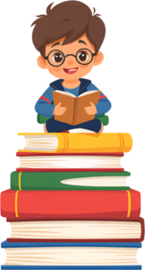 Encourage ambition with this industrious school boy reading a book, sitting atop a tall stack of books, glasses, a wise PNG illustration